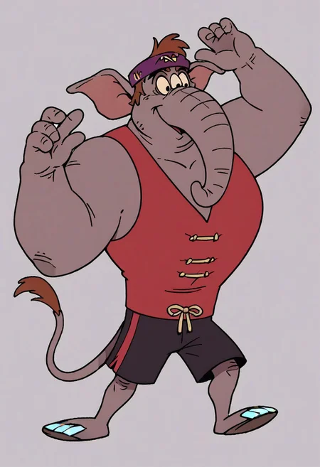 (score_9 | score_8_up | score_7_up)
((masterpiece:1))(best quality,very high quality,ultra detailed:1.2)
(2D,cartoon style,anime style)(Smooth:2)(clean blurring)
(four fingers on each hand,one thumb on each hand:1), Abu elephant, solo, brown hair, grey skin, black eyes, trunk, trunk nose, elephant trunk, elephant ears, monkey tail, purple vest, red and purple hat, alien, muscular, +++three eyes, extra eye, grey skin color, full body