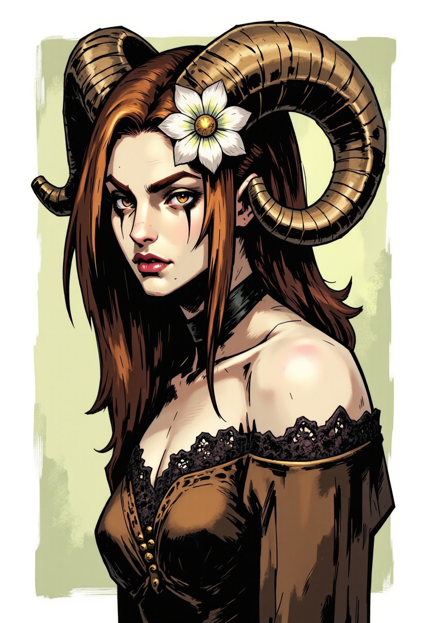 inked comic illustration in TTCSV1.0 artstyle that features fair-skinned woman with long straight brown hair adorned with a white flower and ram's horns. She has large expressive brown eyes a small nose and full lips. She wears a brown off-shoulder dress with lace trim and lace choker. upper body from the side