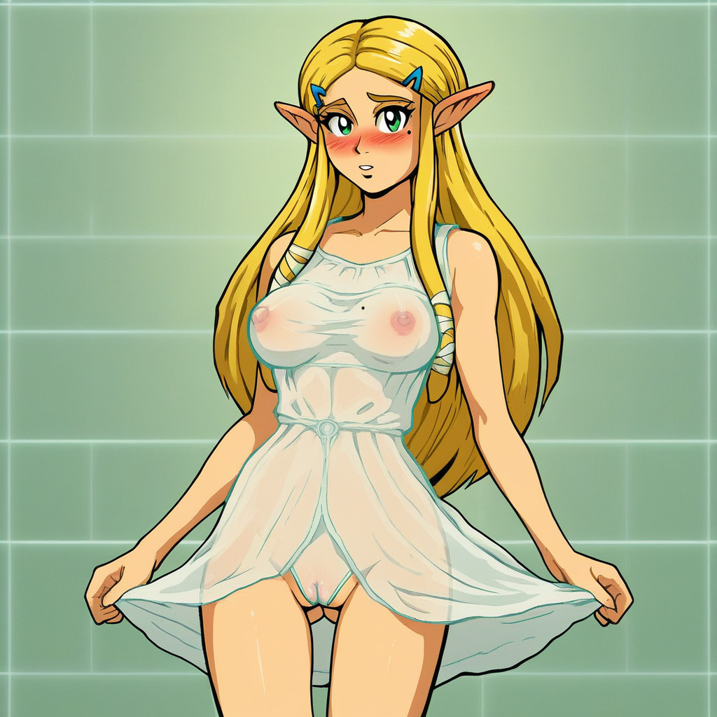 source_hentai, score_9, score_7_up, (4k4bur5tyl3), retro_artstyle, science_fiction, BREAK, Princess Zelda, long hair, (blonde hair), green eyes, perfect eyes, eyelashes, blonde eyebrows, blush, looking at viewer, rating_explicit, 1girl, solo, mole under eye, mole on thigh, dress, see-through, lingerie, covered nipples, cameltoe, detailed background,
