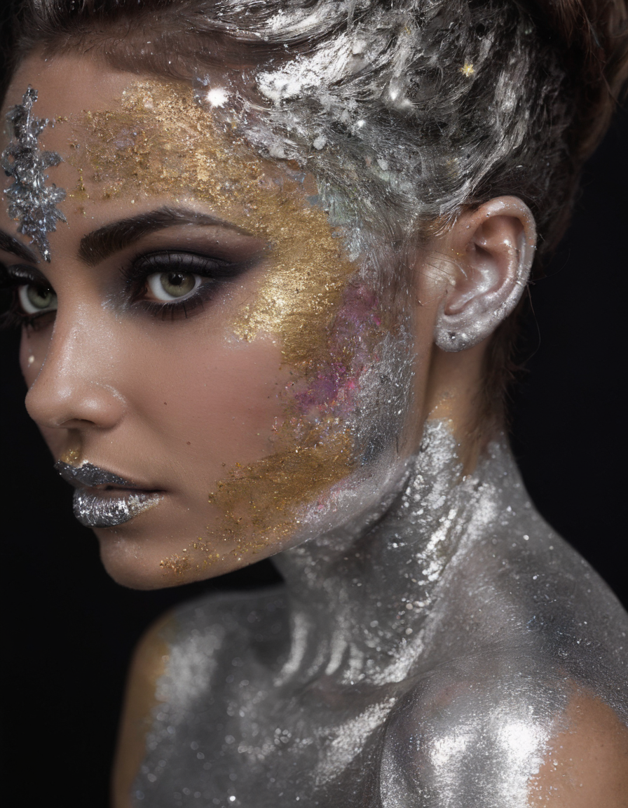 <lora:glitt3r:0.7>glitt3r a woman black background and silver color closeup