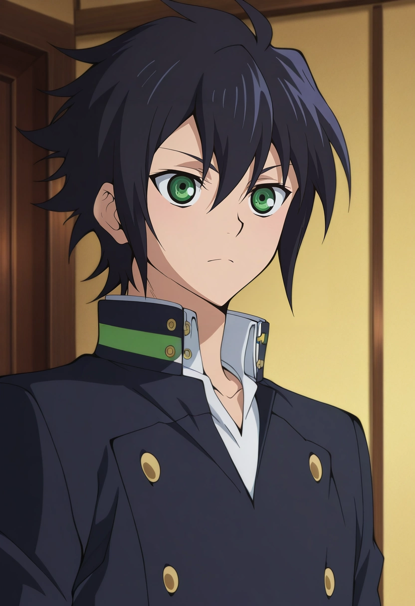 masterpiece, best quality, , anime screencap, anime coloring, official style, , 1boy, solo, male focus, <lora:yuuichirou_hyakuya_ilxl:1>, yuuichirou_hyakuya, black hair, green eyes, short hair, hair between eyes, , , ,
