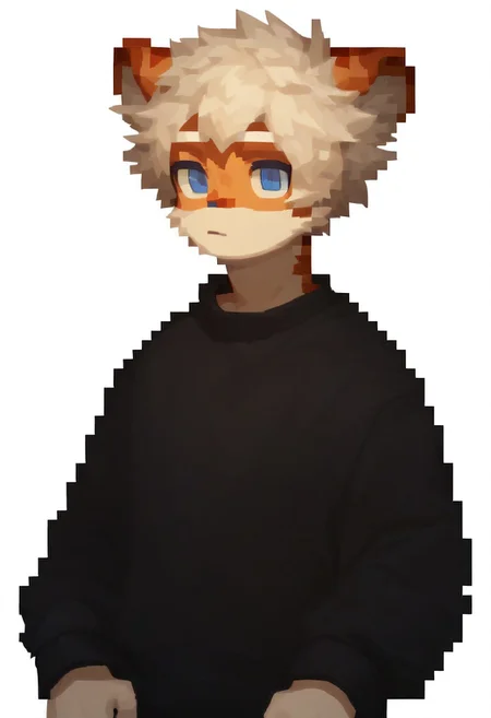 score_9, score_8_up, score_7_up, score_6_up, pixel, white background, simple background, milkytiger, tiger ears, tiger boy, white eyebrows, blue eyes, 1boy, solo, black sweater, white background
