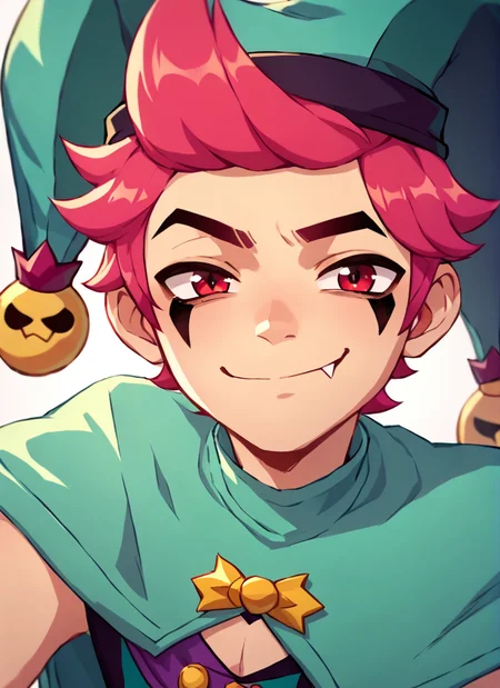 score_9, score_8_up, score_7_up, <lora:bschester:1> 1boy, bschester , pink hair, short hair, red eyes , jester cap, green headwear ,green jumpsuit, capelet, ,solo looking at viewer, smile fang,