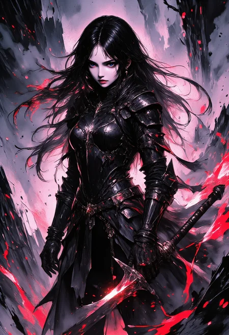 (A powerful anime girl stands in the middle of a war-ravaged battlefield, clad in a light black armor that glows subtly under the dim, stormy sky. Her long hair whips around her face, flowing in the wind with dynamic ink strokes that capture both fluidity and aggression. The armor is detailed with sharp, bold ink lines, while her form radiates intensity. Around her, a fierce, magical aura swirls, with ink-like tendrils forming chaotic patterns that echo her strength and resolve. Her pitch-black eyes burn with cold determination, her expression fierce and emotionless, embodying the calm before a storm. The background is an explosion of swirling ink huesâdeep reds, blacks, and purplesâthat represent the violence and turmoil of the battlefield. The colors blend together seamlessly, wrapping around her like an extension of her own power. Her stance is strong, one hand gripping her weapon while her other arm hangs at her side, a symbol of unyielding confidence. The surrounding aura crackles with energy, a visual manifestation of her inner strength and unrelenting will to fight.), <lora:flux.1_lora_ink-dynamic:0.6>, <lora:aidmaImageUpraderv0.3:0.4>, aidmaimageupgrader, <lora:Dever_Flux_Enhancer:0.5>, <lora:anime_martz:0.7>, <lora:DarkAnimeArt_V1:0.3>, <lora:Elden_Ring_-_Yoshitaka_Amano:0.7>, <lora:9mix:0.4>