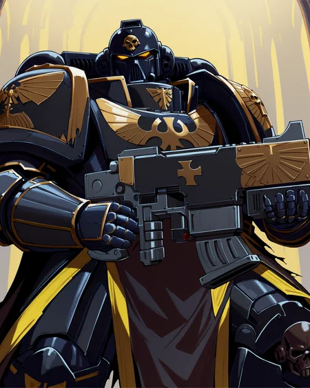 Anime Illustration, full body, Space Marine, iron warriors legion, portrait, standing. He is holding, aiming, a bltgun bolter weapon. He is wearing a helmet, intricate dark steel armor, gold trimmings, cross detailing, tabard, torn cape, gauntlets, black fur, plate armor, full armor, panoply, hazard stripes in black and yellow on leg, gothic architecture, background, extremely detailed, absurdres, masterpiece, cel shading,
<lora:Astartes:0.8> <lora:add-detail-xl:0.8> <lora:Bad_Hands_lora:0.8> <lora:Bolter_-_Warhammer_40000_SDXL:1>