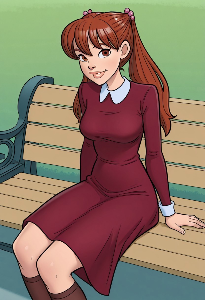 <lora:JuliaHarveyIllustrious1.0:1> julia, brown hair, long hair, 1girl, twintails, hair bobbles, thick lips, brown eyes,red dress,, looking at viewer, long sleeves, smile, kneehighs,  shoes, park bench, sitting, cowboy shot,