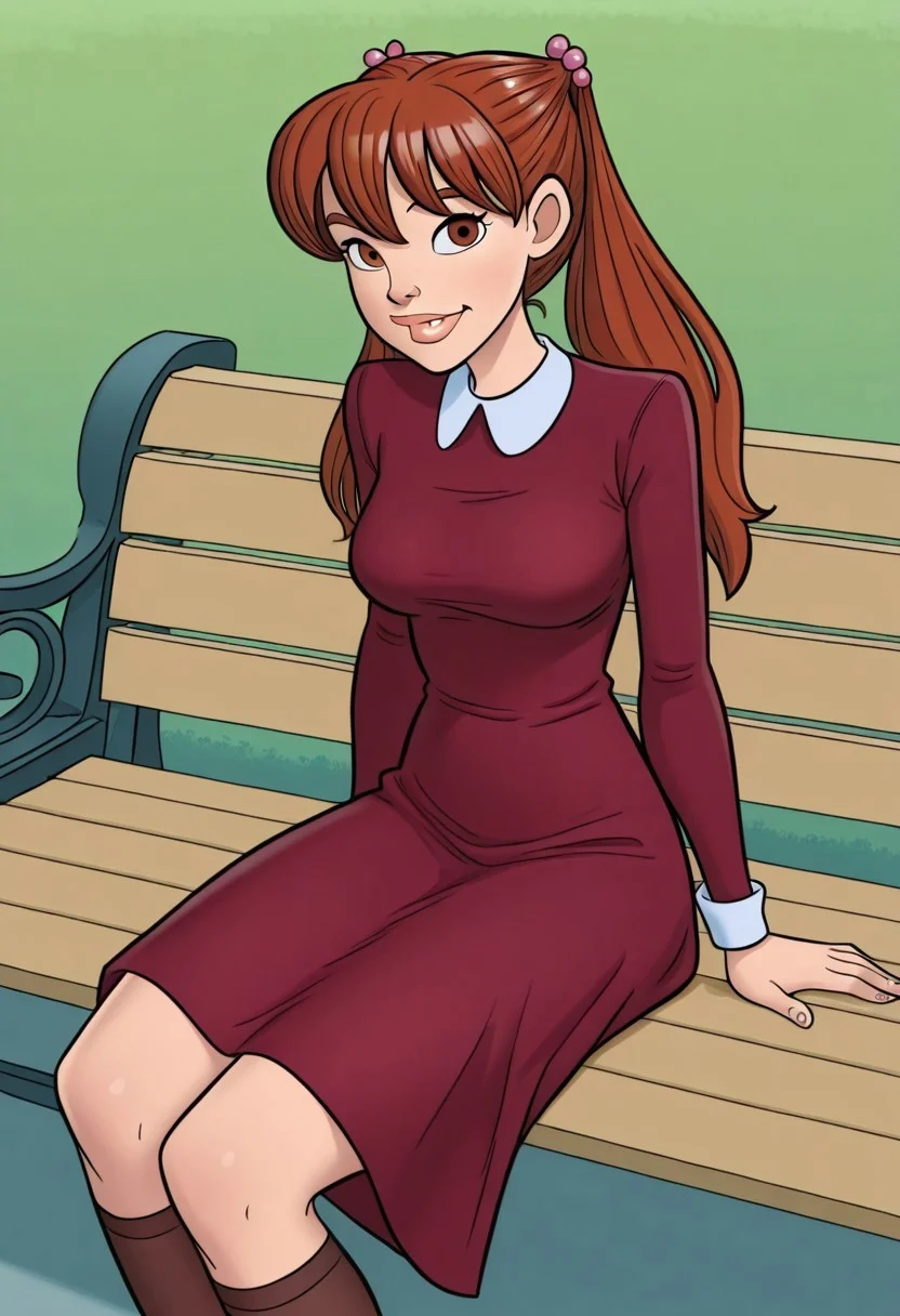 <lora:JuliaHarveyIllustrious1.0:1> julia, brown hair, long hair, 1girl, twintails, hair bobbles, thick lips, brown eyes,red dress,, looking at viewer, long sleeves, smile, kneehighs, shoes, park bench, sitting, cowboy shot,