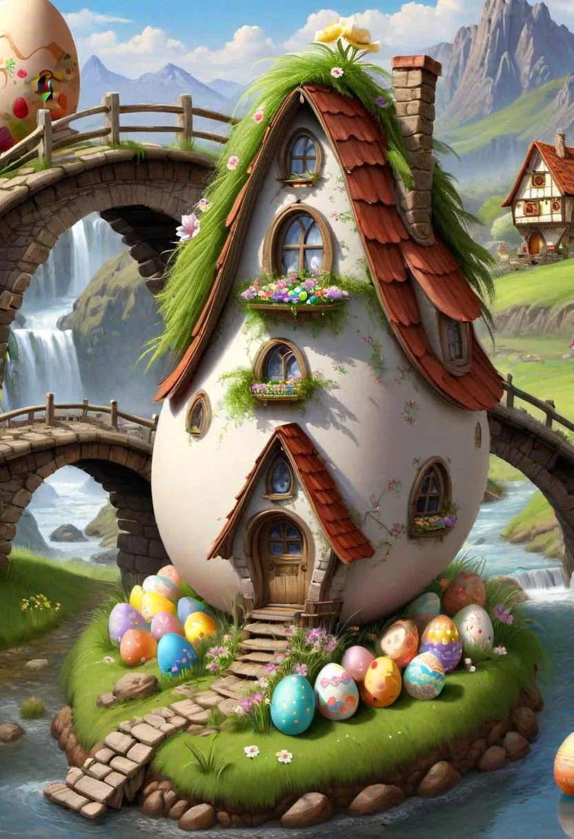 ((masterpiece, best quality)), high resolution, 32k picture, professional render, trending on artstation,
Easter Egg Home, outdoors, nature, flower, window, grass, door, village, a village of egg houses near a babbling brook, waterfall, bridge,