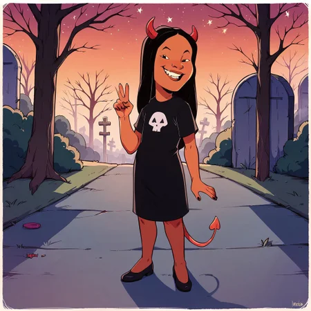 score_9, score_8up, score_7up, score_6up, solo, 1girl, Connie S KOTH, dark skin, black eyes, long hair, black hair, cowboy shot,
smug grin, big mouth, half-closed eyes, flat chest, short stack, standing, candy on the ground, full body, devil costume, devil horns, devil tail, peace sign,
outdoors, graveyard, tombstones, dead trees, starry night sky, fog, Halloween, leaning back, looking at viewer,