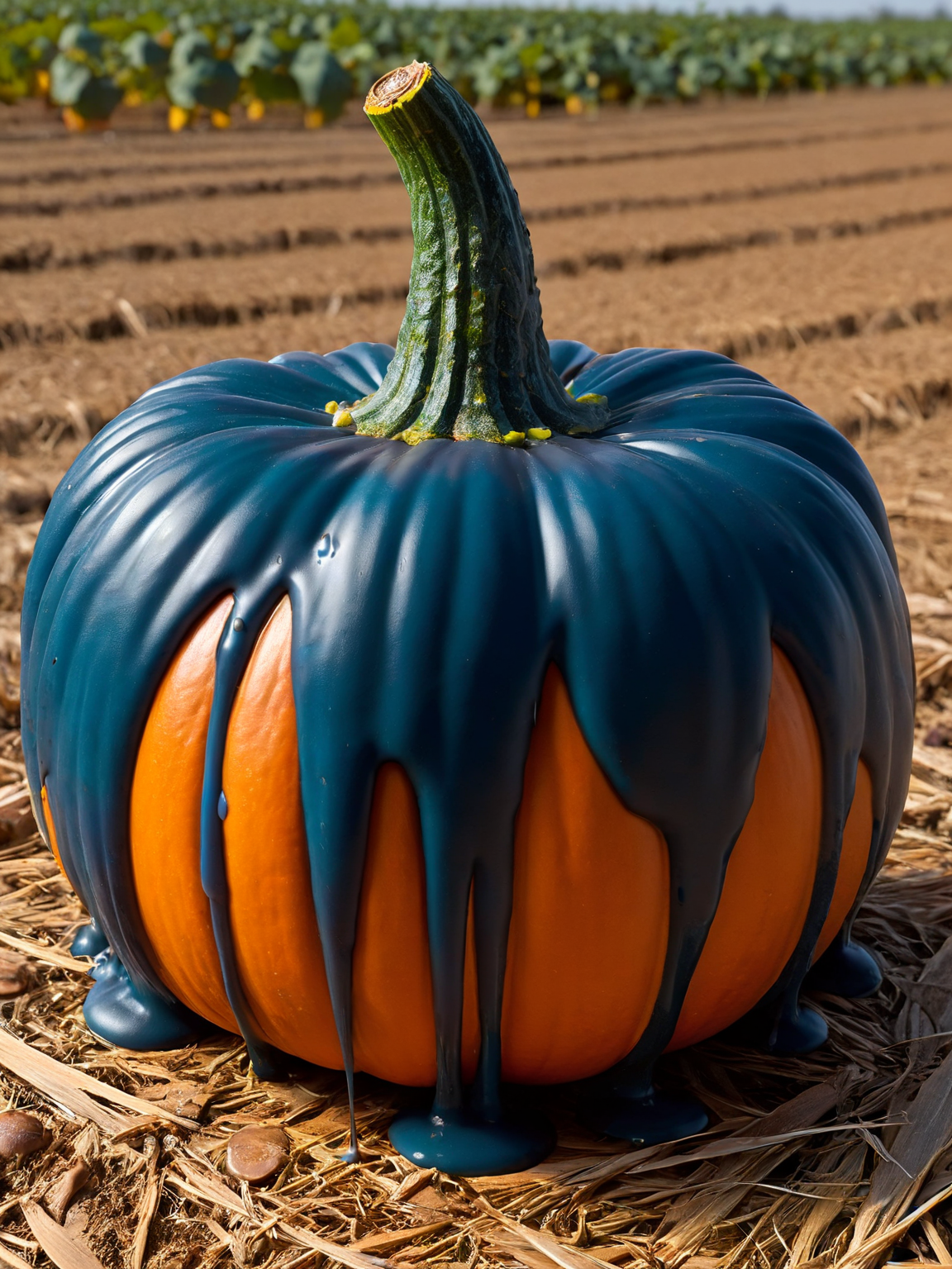 blue ais-chocsauce pumpkin growing in a field <lora:Chocolate_Sauce_SDXL:1>,<lora:EnvyBetterHiresFixXL01:0:hr=1>