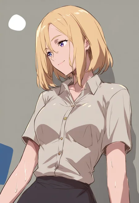 Beautiful sketch, anime, SK3, minimalist, simple drawing, simple shadows, a female model, blonde hair, wearing a button-up and black skirt, in a office, low-angle view, smiling, wet, pink and orange lighting, drawing