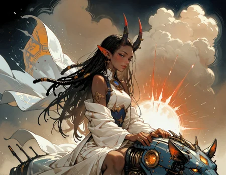 score_9, score_8_up, score_7_up, score_6_up, score_5_up, score_4_up, female priestess, cel-shading, backlit, delicate features, very long hair, (dreadlocks), riding a mechanical wolf, medium breasts, horns, cyborg, pointy elf ears, multiple ear piercings, black background, techwear, large horns, dynamic pose, freckles, light blue outfit, blue glowing machine parts, hair oranments, smug, seductive smile, from behind, looking over shoulder, battle armour, chestplate, japanese dress