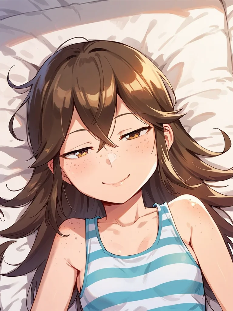 score_9, score_8_up, score_7_up,
1girl, yaginuma anko, long hair, brown hair, small breasts, narrowed eyes, brown eyes, freckles,
upper body, striped tank top, lying, on bed, smile, closed mouth, looking at viewer,