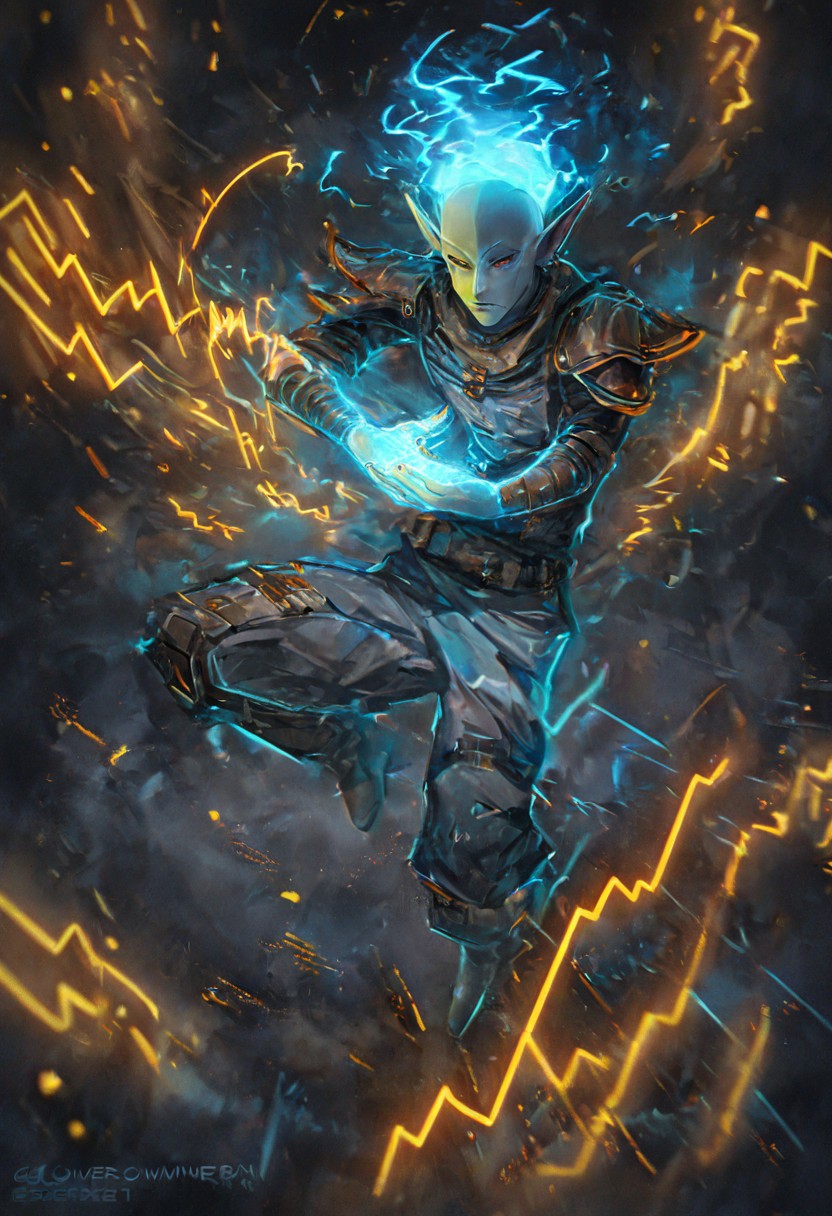 score_9, score_8_up, score_7_up, (best quality:1.1), ultra-detailed, high resolution, 8k, bar background, neon lights, negative_hand, ng_deepnegative_v1_75t, glowneon, glowing, sparks, lightning, vivec, male, elf, dunmer, chimer, two-tone skin, blue and yellow skin,  transparent glowing blue hair, dark gray cropped jacket, black short, gray cargo pants, hight boots, calm face, hand drawing a spell, dynamic scene, close view, solo, top view