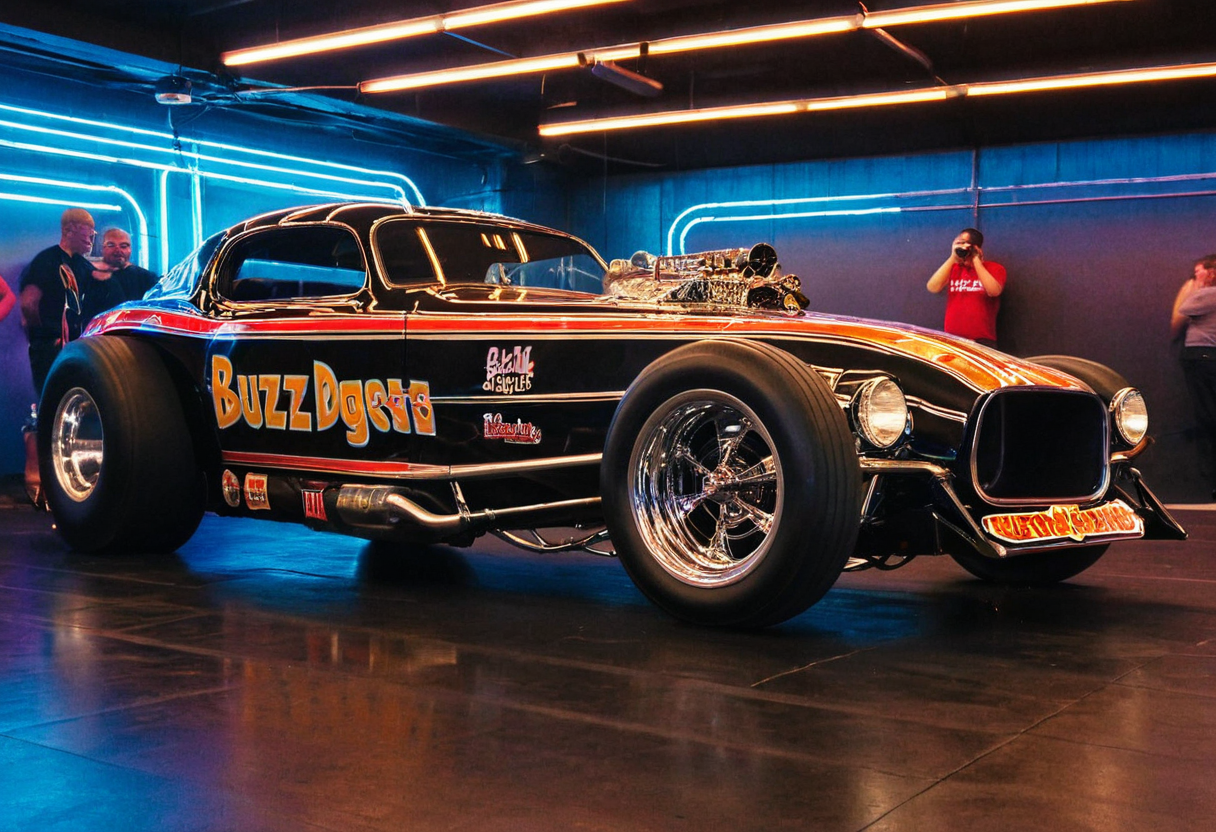VintageMuscleCar gleaming dragster tunnel, side view, bright headlights, neon lights, glass background, light reflections, 4K, highly detailed, closeup (stylish grainy analog film photo 35mm, "BUZZ")