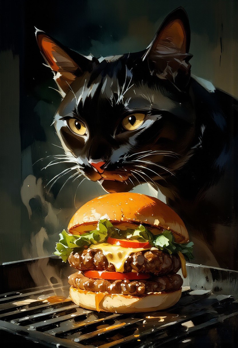 sharp image of a close-up of a black cat eating a sandwich, The sandwich is made with a toasted bun and is filled with a mixture of ground beef, lettuce, tomato, and other ingredients. The beef appears to be cooked and has a golden brown color. The lettuce is a bright green and is spread evenly over the top of the sandwich. The tomato is sliced into thin slices and is placed on top of a layer of melted cheese. The cheese is a creamy white color and is oozing out of the sides. The background is dark and the grill is black, making the sandwich stand out. Anime art, S4DC1NE, 1qqq, <lora:Anime Art V3:1>, <lora:Organic Sauce - FLUX:0.7>,  <lora:delicious food_Flux_Lora_v1.0:1>