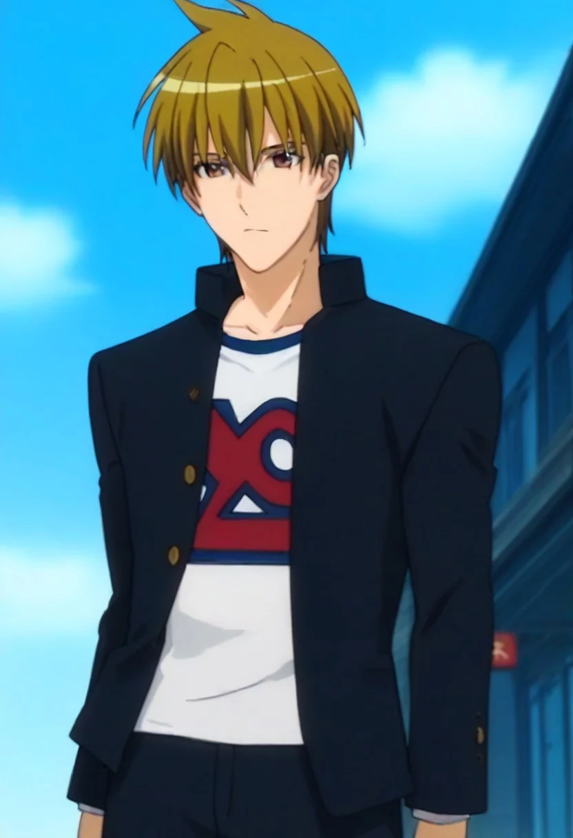 ((masterpiece)), ((best quality)), ((ultra-detailed)), ((absurdres)), score_9_up, score_8_up, score_7_up,
HD, top quality, best quality, amazing quality, High-quality illustrations, anime screencap, source_anime, best aesthetic, perfect proportions, perfect eyes, 1boy, 1male, solo boy, solo male, male focus, solo male focus, Anime, boy, male anime character, anime boy, handsome, cute, charming, sexy, Keita Tsuwabuki, dark blonde hair, reddish brown eyes, ((slender body, slim body, thin body)), ((tall body, tall height)), ((plain black blazer, white shirt)), ((school rooftop background, blue sky, white clouds)), ((cowboy shot, head to hips shot)), easynegative, updn, Expressiveh, masterpiece, best quality, very aesthetic, absurdres