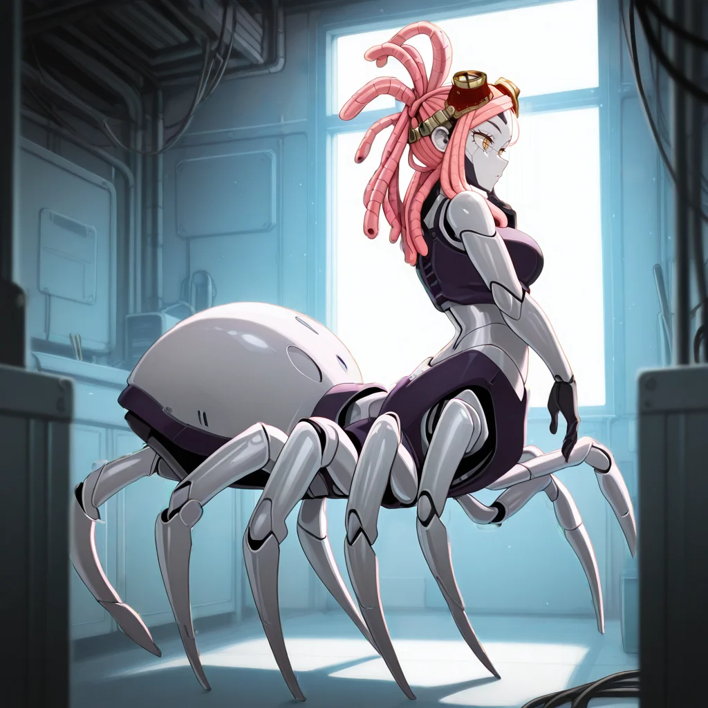 IllusP0s,<lora:Real_Grade_Androids:1.3>,r34lgrade,(robot:1.1),science fiction,robot joints,(android:1.1),(metal skin:1.4),humanoid robot,joints,machine,(mech face:1.4),solo,arachne,(spidertaur:1.5),(cable hair:1.7),<lora:Hatsume_mei:1>,Hatsume mei,pink_hair,yellow_eyes,standing,full body,from side BREAK
detailed background,backlighting,dark,science fiction,workshop,tools,machinery,