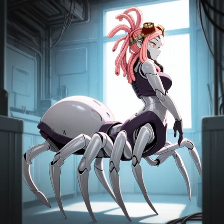 IllusP0s,<lora:Real_Grade_Androids:1.3>,r34lgrade,(robot:1.1),science fiction,robot joints,(android:1.1),(metal skin:1.4),humanoid robot,joints,machine,(mech face:1.4),solo,arachne,(spidertaur:1.5),(cable hair:1.7),<lora:Hatsume_mei:1>,Hatsume mei,pink_hair,yellow_eyes,standing,full body,from side BREAK
detailed background,backlighting,dark,science fiction,workshop,tools,machinery,