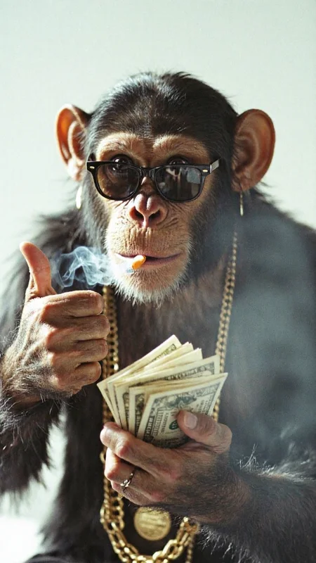 8n8log,a chimp with sunglasses,he's holding a wad of money and thumbing up,cigar in mouth,wispy smoke,golden chains,<lora:GrainScape_1404698:1>,film photography aesthetic,film grain effect prominent throughout image,grainy film-like texture,high contrast lighting creating dramatic shadows,cool tones,autumn,âââ,âââ