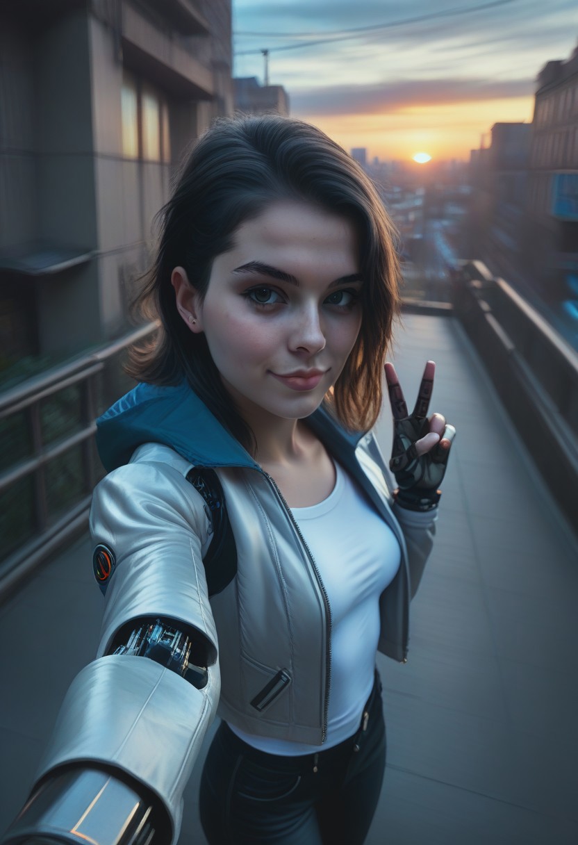 score_9_up, score_8_up, score_7_up, score_6_up detailed, city background, 1girl, 24yo, selfie, from above, (mechanical parts:1.4), sunrise, open jacket, tight jean, (v:1.2)
