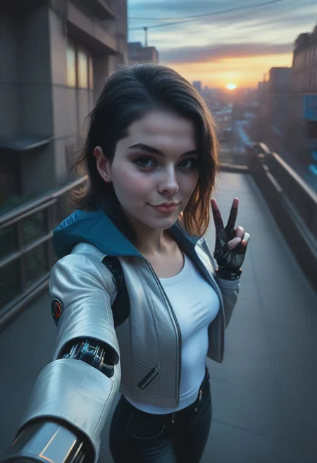 score_9_up, score_8_up, score_7_up, score_6_up detailed, city background, 1girl, 24yo, selfie, from above, (mechanical parts:1.4), sunrise, open jacket, tight jean, (v:1.2)