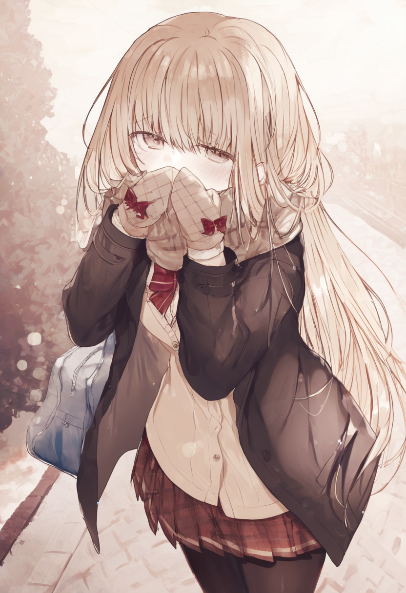 otonari no tenshi-sama ni itsu no mani ka dame ningen ni sarete ita ken, shiina mahiru \(otonari no tenshi-sama\), absurdres, highres, 1girl, bag, black pantyhose, bow, brown hair, brown mittens, coat, cover, cover image, glove bow, hands up, long hair, long sleeves, looking at viewer, mittens, open clothes, open coat, outdoors, pantyhose, red bow, school bag, school uniform, skirt, standing, winter clothes, masterpiece, best quality, good quality