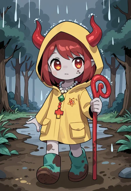 score_9, score_8_up, score_7_up, BREAK
highres, highly detailed, high resolution, high quality,
source_anime, anime screencap, saturation, vivid colors,
1girl, solo, luce, full body, standing, demon girl,
(dark red hair:1.2), (big dark red eyes:1.1), medium hair, cute, (grey skin:1.1), (horns:1.2),
(long black raincoat:1.1), dirty black rubber boots,
pentagram necklace, holding red trident,
forest background, path, rain,
hds style, cel shading, linear hatching