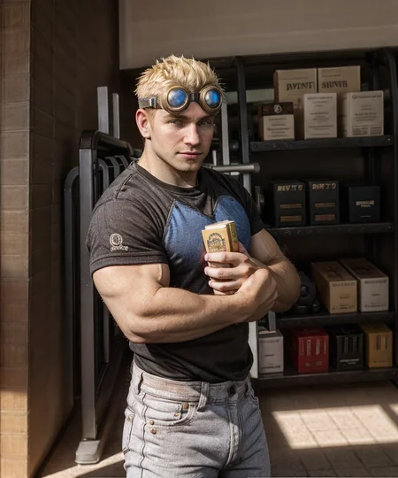 <lora:Damon_Baird:0.75> damon_baird, black t-shirt, jeans, standing, looking at viewer, gym, fitness, books, goggles, (muscular:1.2), blonde hair