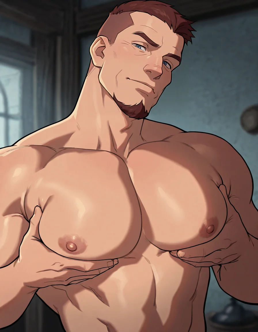 masterpiece, best quality, newest, perfect quality, best quality, detailed background, intricate details, male focus, anime, solo, <lora:Titan AE - Joseph Korso - Illustrious_epoch_7:0.7>, titan_korso, 1boy, mature male, brown hair, very short hair, crew cut, goatee, blue eyes, goatee, topless male, pectoral lift, head tilt