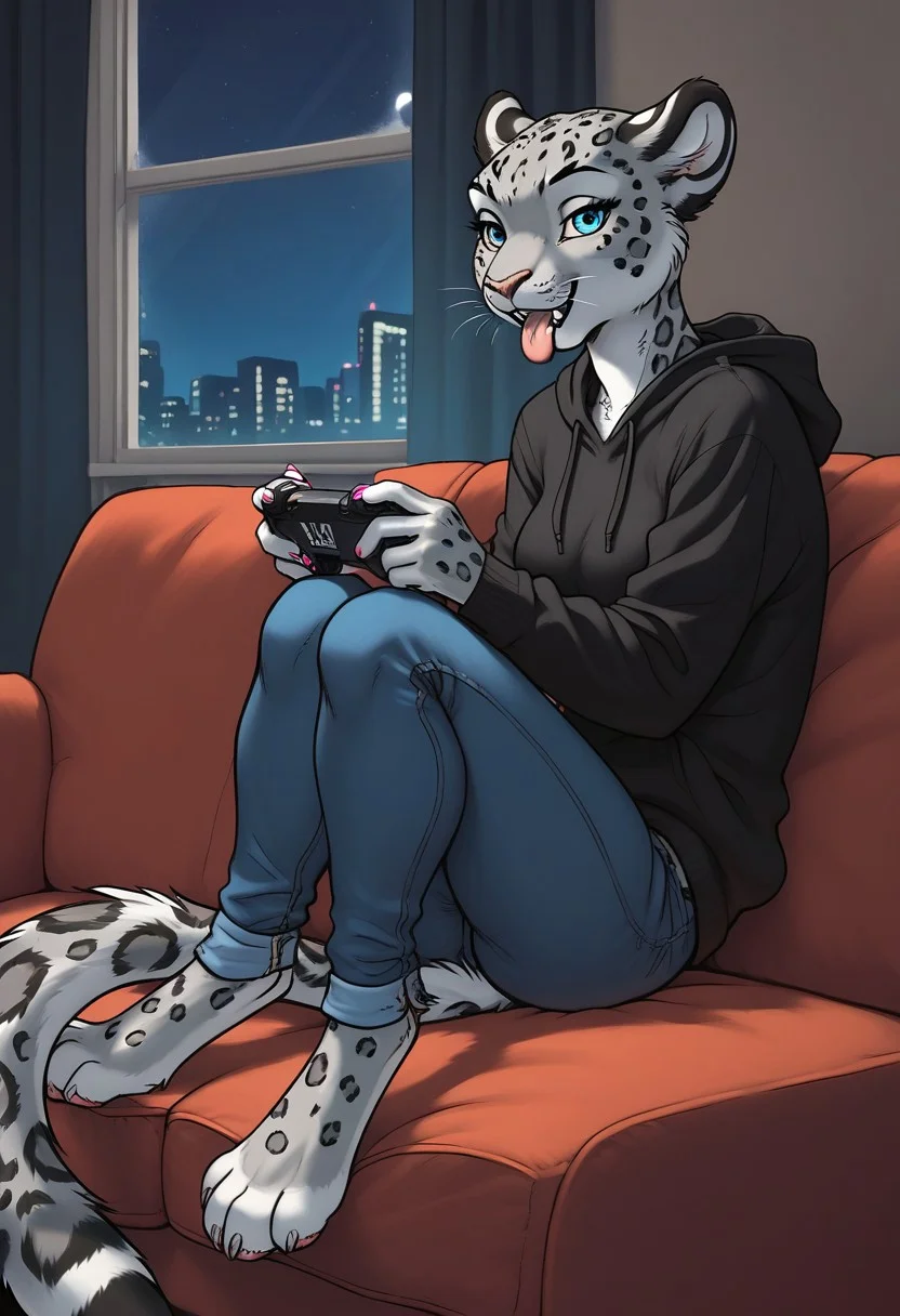score_9, score_8_up, score_7_up, score_6_up, score_5_up, score_4_up, best quality, highly detailed, intricate details, extremely detailed, perfect hands, (furry art, uploaded on e621:1.1), <lora:artfull details xl 1:1.2>, <lora:add detail xl:3>, <lora:extremely detailed xl:5>, <lora:x-detail enhancer xl:2>, <lora:perfect hands 2.1:1>, <lora:zaush style ponyD6:1.7>, , score_9, score_8_up, score_7_up, furry, solo, 1girl, short female, petite female , gray fur, snow leopard fur, medium breasts, snow_leopard face, whiskers, anthro, , snow_leopard ears, bedroom, female, snow_leopard, female, whiskers, bald, blue_eyes, bald , petite, thin, , short, female wearing hoodie and jeans, digitigrade legs, , , leoaprd ears, snow_leopard fur, , female focus, , female focus, livingroom, living room, couch, tv, playing video games, playing console, female holding gamepad, , dark room, female sitting on couch, night, window, city utside at night, light turned off, tv, , female winking at viewer, female showing tongue, female sitting on couch, female wearing hoodie, female female wearing jeans, , close angle, night, dark room, smiling female , frisky female, tempting female, playful female, lights turned off, dark night, close up,
