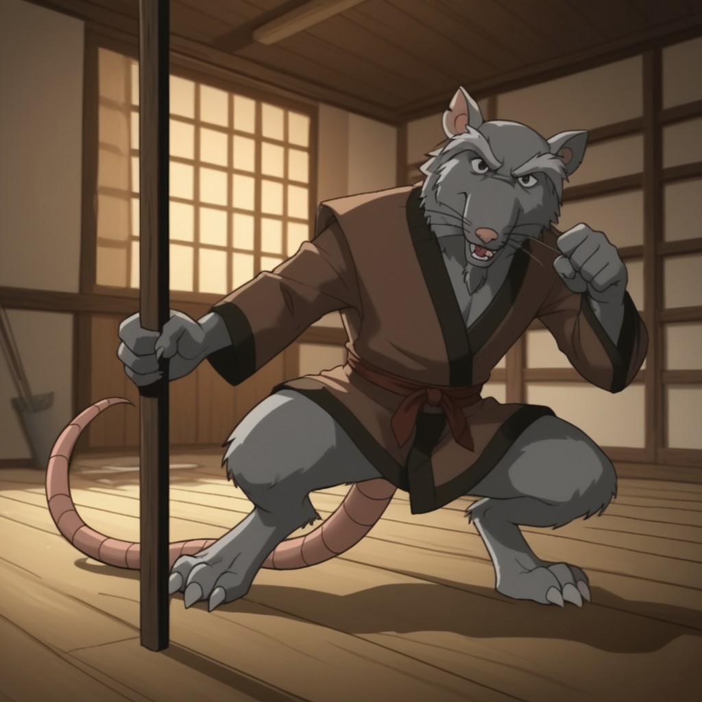 score_9, score_8_up, score_7_up, score_6_up, score_5_up, score_4_up, source_furry, Splinter03v2, semi-anthro, male, rat, grey fur, brown eyes, rat tail, , inside, full body, action pose, open kimono, fundoshi,