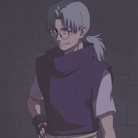 KabutoYakushi, 1boy, solo, glasses, grey hair, black eyes, curtained hair, low ponytail, long hair, round eyewear, purple shirt with white sleeves, waist shash, gloves, fingerless gloves, hand on hip, upper body, smirk, dungeon