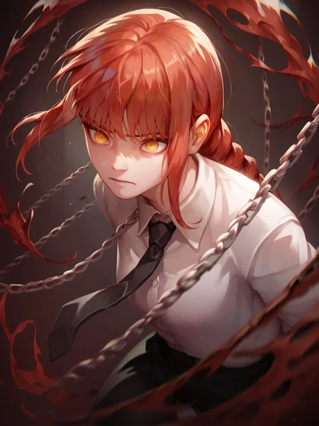 score_9, score_8_up, score_7_up, score_6_up, score_5_up, <lora:makimaXLP:1> makima, 1girl, yellow eyes, red hair, braided ponytail, ringed eyes, white collared shirt, black necktie, chain,