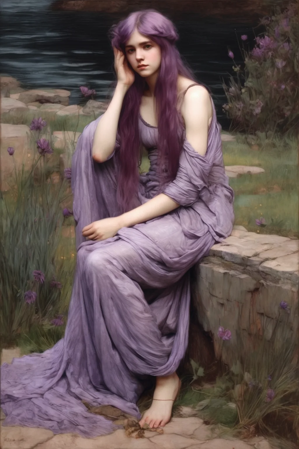 John William Waterhouse Style - full-body portrait of a young woman nymph with pastel violet hair
