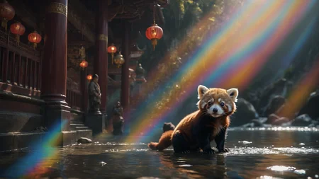 <lora:detailed_notrigger:0.4><lora:Horde_HQR_XL:-0.5> <lora:MJ52:0.3> low angle amazing action cinematic still, an emotive composition that evokes feeling of soul and positivity, rule of thirds, chromatic aberration, subsurface scattering, layers that create a sense of depth and transition to the image, repeating patterns, excellent framing leading the eye to the multiple focal points, volumetric lighting by spotlight, atmospheric haze, ethereal lighting
a chinese temple that commands the scene
a waterfall
a cute baby red panda sitting by a river, in a forest