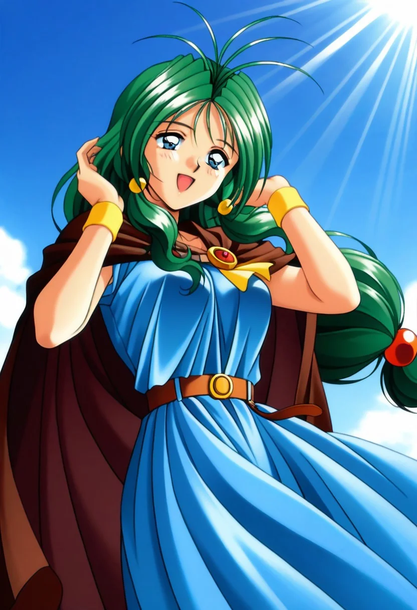 masterpiece, best quality, amazing quality, very aesthetic, high resolution, 1girl, cowboy shot, anime-style, digital art, high resolution, cute girl, smiling, sunlight, bright, clear sky, blue sky, clouds, daytime, outdoor, wind blowing her hair, dynamic pose, cheerful mood, light reflections, detailed background, high quality, beautiful, attractive, light rays, bright lighting, sky, joyful, happy, energetic, bright atmosphere, detailed shading, anime aesthetics, vibrant, lively, braid, jewelry, belt, cape, blue dress, wristband, retro artstyle, 1990s \(style\),
clairemm, blue eyes, green hair, antenna hair, long hair, low-tied long hair, hair bobbles, medium breasts, mature female,
