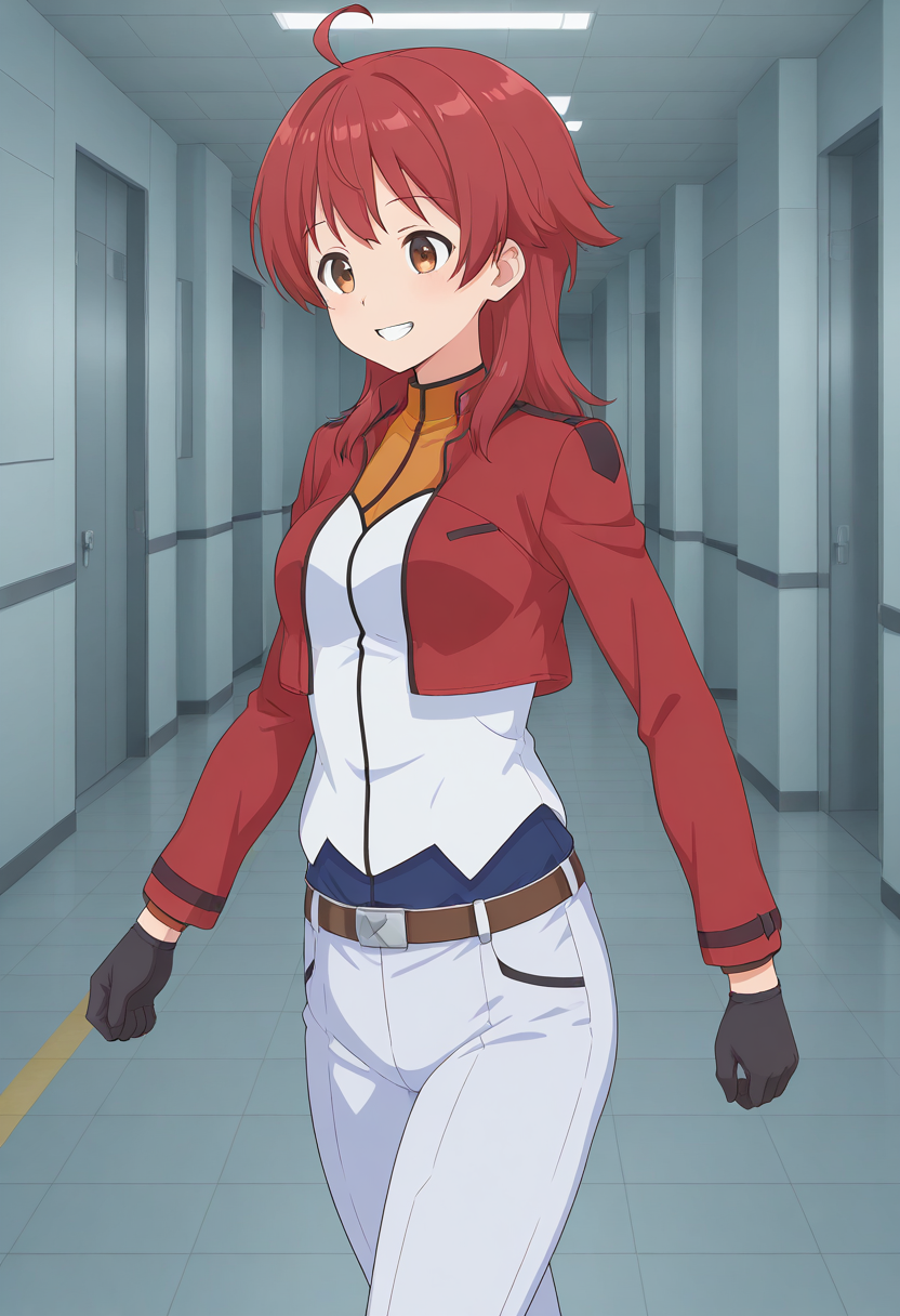cbuniform, uniform, red cropped jacket, long sleeves, two-tone shirt, belt, white pants, two-tone pants, black gloves, 1girl, solo, hannalbdilus, red hair, medium hair, ahoge, brown eyes, indoors, corridor, walking, futuristic background, grin, smile, cowboy shot,