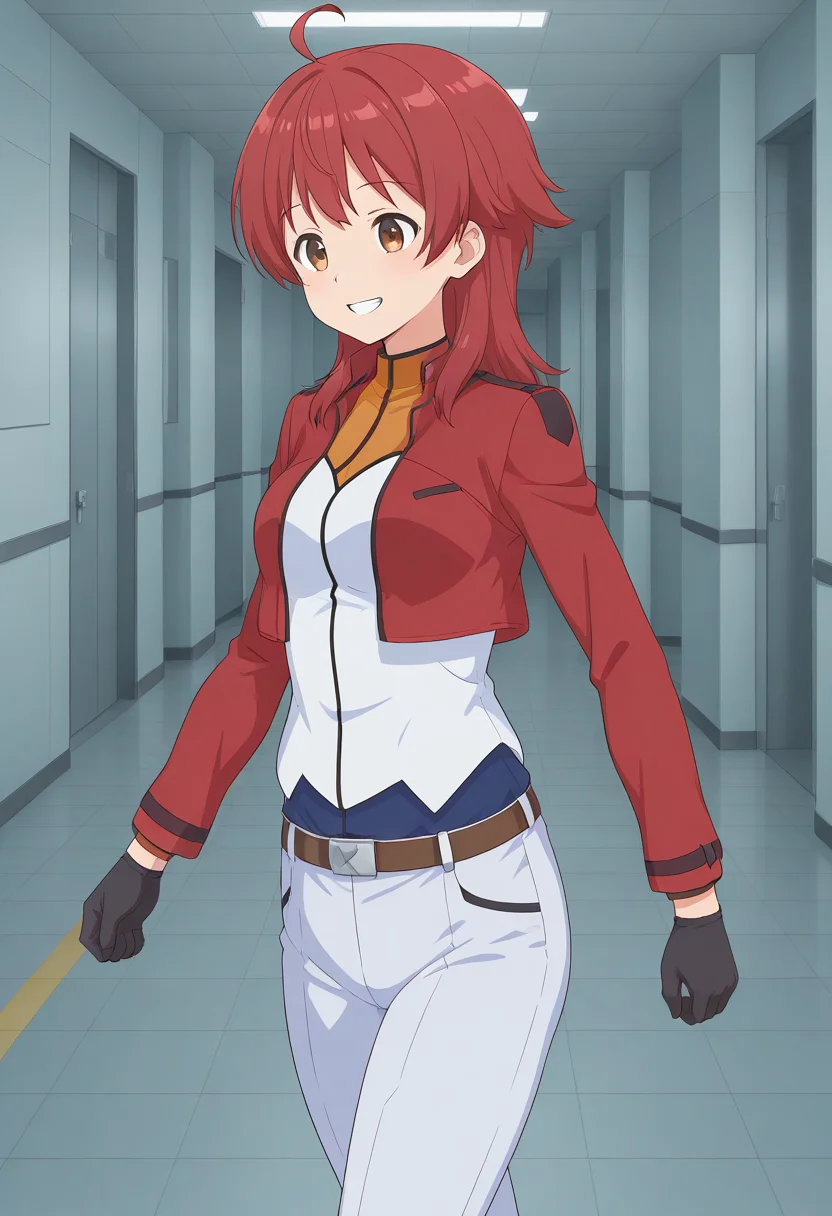 cbuniform, uniform, red cropped jacket, long sleeves, two-tone shirt, belt, white pants, two-tone pants, black gloves, 1girl, solo, hannalbdilus, red hair, medium hair, ahoge, brown eyes, indoors, corridor, walking, futuristic background, grin, smile, cowboy shot,