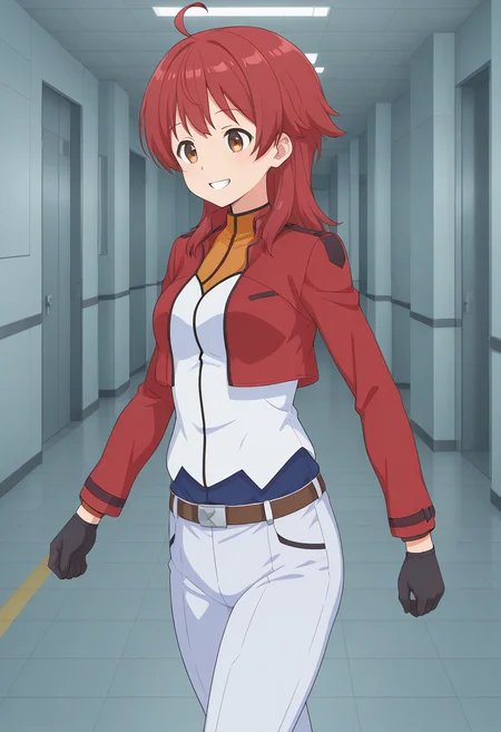 cbuniform, uniform, red cropped jacket, long sleeves, two-tone shirt, belt, white pants, two-tone pants, black gloves, 1girl, solo, hannalbdilus, red hair, medium hair, ahoge, brown eyes, indoors, corridor, walking, futuristic background, grin, smile, cowboy shot,