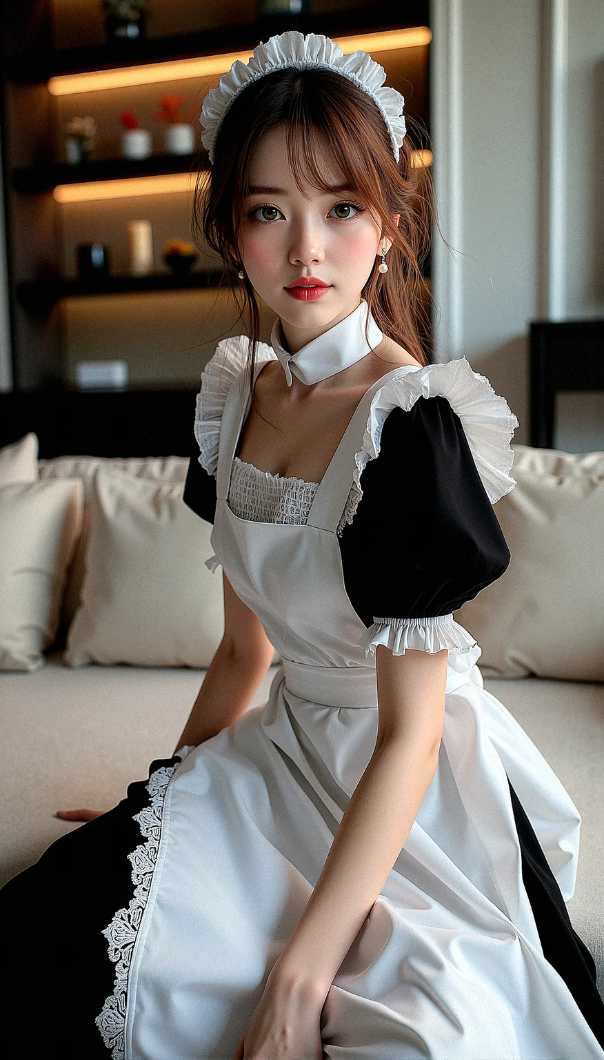 High-resolution, photorealistic portrait of a beautiful woman in a classic black and white maid outfit. Ultra-detailed textures and natural lighting bring out the lifelike colors and realistic shadows on her attire. Captured with a Nikon D850 full-frame sensor, the image features a soft bokeh effect in the background and dynamic posing, with her expressive face showing a warm smile.Visible veins on the back of her hands, showing natural anatomy.Soft shadowing under her lower lip, enhancing natural form.Realistic light reflection on her glossy lips, showing shine and texture. Delicate, natural creases around her eyes and mouth.Slightly raised veins visible on the inside of her wrists
Elegant maid uniform with a lace-trimmed dress, long apron, ribbon headband, and pearl earrings.
Contemporary living room with a large sectional sofa, a media center, and minimalist decor.
Sitting on the edge of a sofa, arranging cushions with a gentle smile