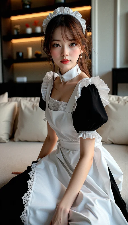 High-resolution, photorealistic portrait of a beautiful woman in a classic black and white maid outfit. Ultra-detailed textures and natural lighting bring out the lifelike colors and realistic shadows on her attire. Captured with a Nikon D850 full-frame sensor, the image features a soft bokeh effect in the background and dynamic posing, with her expressive face showing a warm smile.Visible veins on the back of her hands, showing natural anatomy.Soft shadowing under her lower lip, enhancing natural form.Realistic light reflection on her glossy lips, showing shine and texture. Delicate, natural creases around her eyes and mouth.Slightly raised veins visible on the inside of her wrists
Elegant maid uniform with a lace-trimmed dress, long apron, ribbon headband, and pearl earrings.
Contemporary living room with a large sectional sofa, a media center, and minimalist decor.
Sitting on the edge of a sofa, arranging cushions with a gentle smile