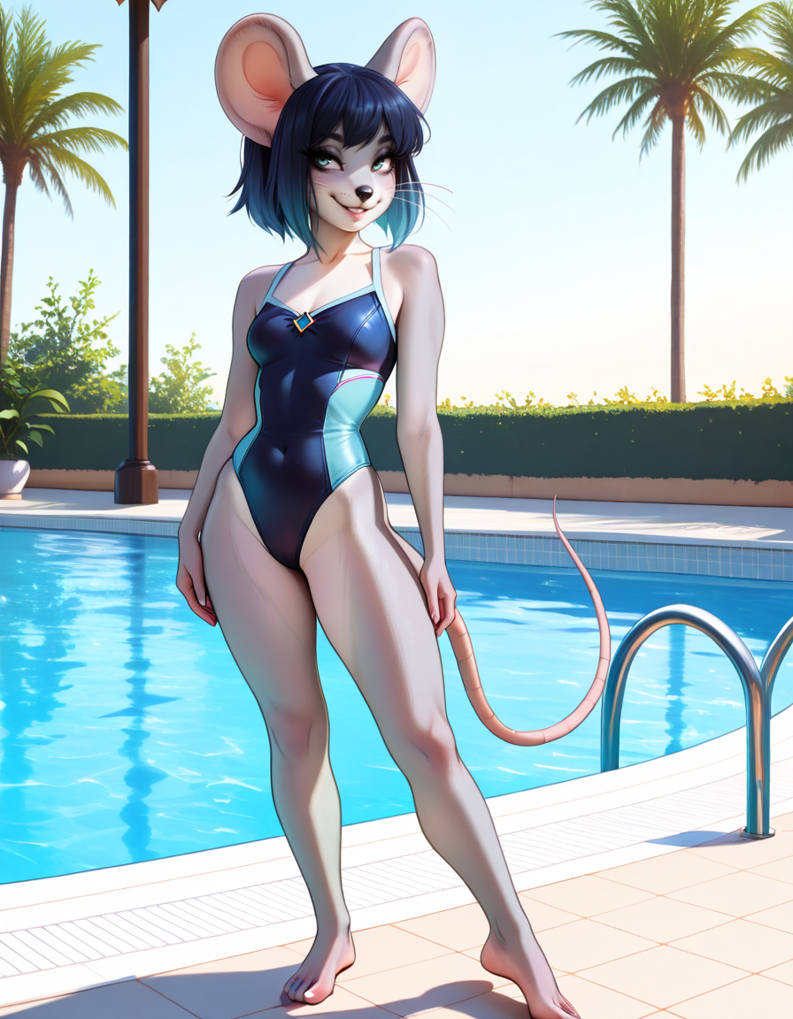masterpiece, best quality, very aesthetic, absurdres,
outdoors, poolside, standing, 
swimsuit, 
full body, seductive smile, parted lips, long eyelashes,
<lora:Sharabesque_v01_NAIXL:1>,
Sharabesque,1girl,solo,furry female,mouse girl,mouse ears,black hair,short hair,bangs,blue hair,animal nose,whiskers,mouse tail,