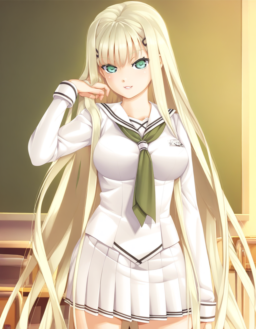 <lora:Biman Adam-000063:1> kannagi yuuri, light green eyes, blonde hair, very long hair, sidelocks, hairclip, large breasts, biman4 school uniform, green neckerchief, white skirt, pleated skirt, long sleeves, classroom, parted lips, solo, smile