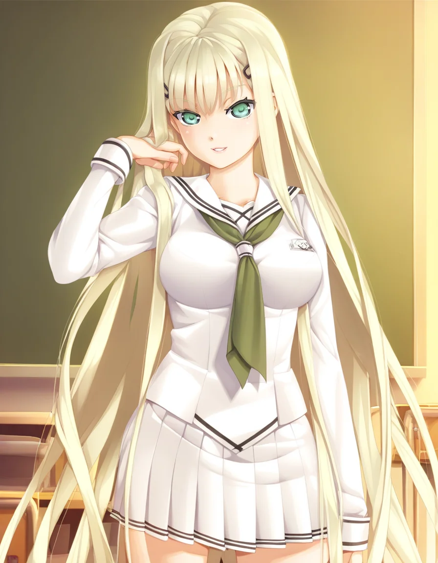 <lora:Biman Adam-000063:1> kannagi yuuri, light green eyes, blonde hair, very long hair, sidelocks, hairclip, large breasts, biman4 school uniform, green neckerchief, white skirt, pleated skirt, long sleeves, classroom, parted lips, solo, smile