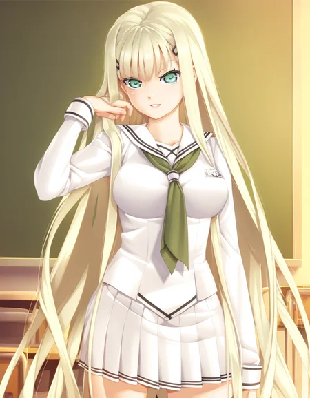 <lora:Biman Adam-000063:1> kannagi yuuri, light green eyes, blonde hair, very long hair, sidelocks, hairclip, large breasts, biman4 school uniform, green neckerchief, white skirt, pleated skirt, long sleeves, classroom, parted lips, solo, smile