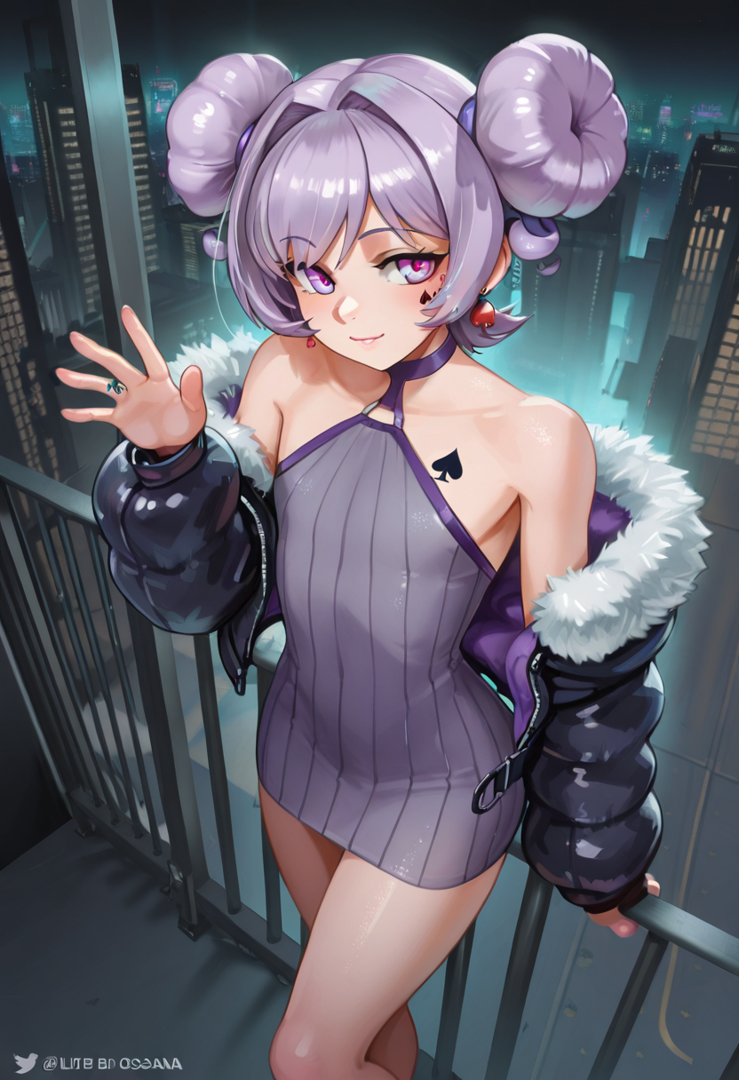 masterpiece, best quality, ultra detailed, 1boy, adult, femboy, osana_najimi , earrings, purple strap dress, fur trimmed jacket, hand up, girly pose, futuristic city, handrail, night, from above, tattoo, qos, bbc, spade tattoo, night,  <lora:Steamed_Egg_Style_IL:1>