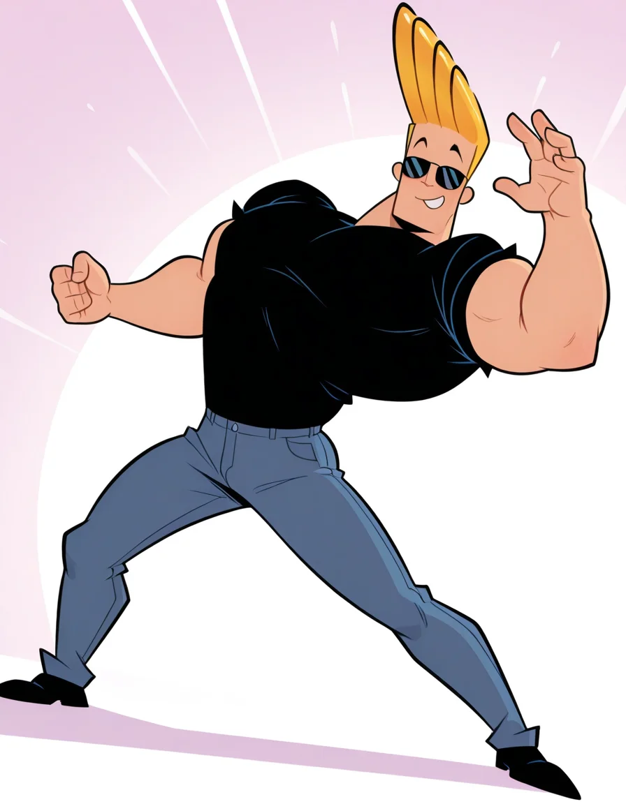 masterpiece, best quality, amazing quality, <lora:Johnny_Bravo_IL:1>, JohnnyBravo-ARAI-IL, 1boy, male focus, solo, sunglasses, muscular, blonde hair, pants, black shirt, black shoes, smile, dynamic pose, dynamic angle, <lora:cfg_scale_boost:0.4>
