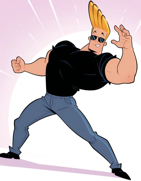 masterpiece, best quality, amazing quality, <lora:Johnny_Bravo_IL:1>, JohnnyBravo-ARAI-IL, 1boy, male focus, solo, sunglasses, muscular, blonde hair, pants, black shirt, black shoes, smile, dynamic pose, dynamic angle, <lora:cfg_scale_boost:0.4>