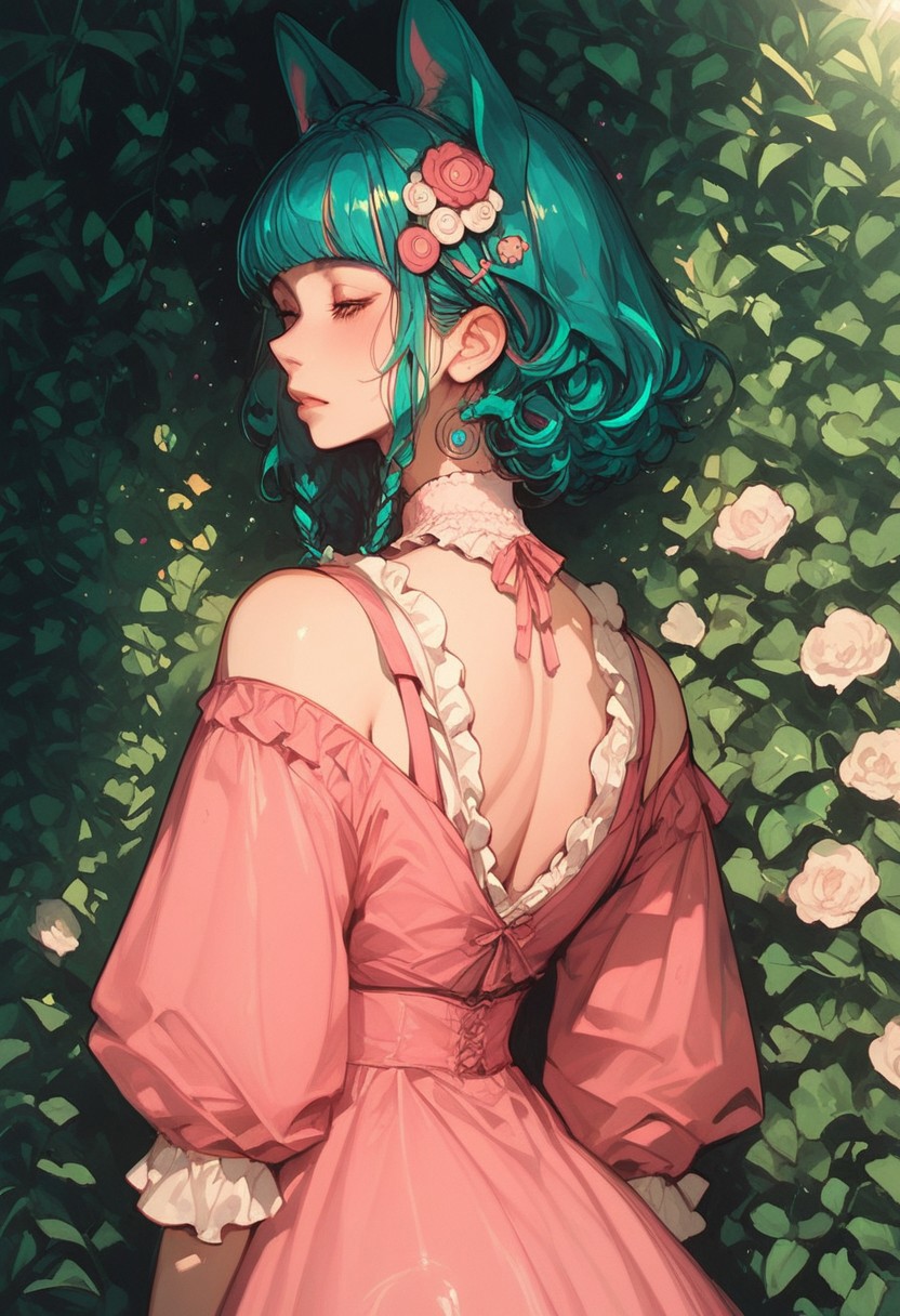 score_9, score_8_up, score_7_up, score_6_up, score_5_up, (art, from behind, (psychedelic), garden, sunlight, dog ears, pink dress, frilled dress, hair ornament, 1girl, shoulder length, teal hair, green streak, blunt bang)